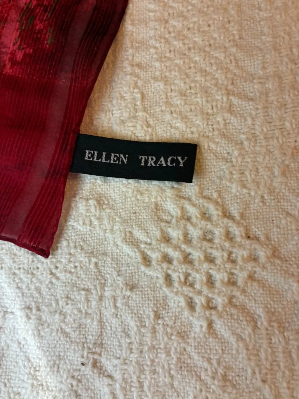 Vintage Ellen Tracy 100% Silk Scarf - Whimsigoth - Deep Red with Damask Motif